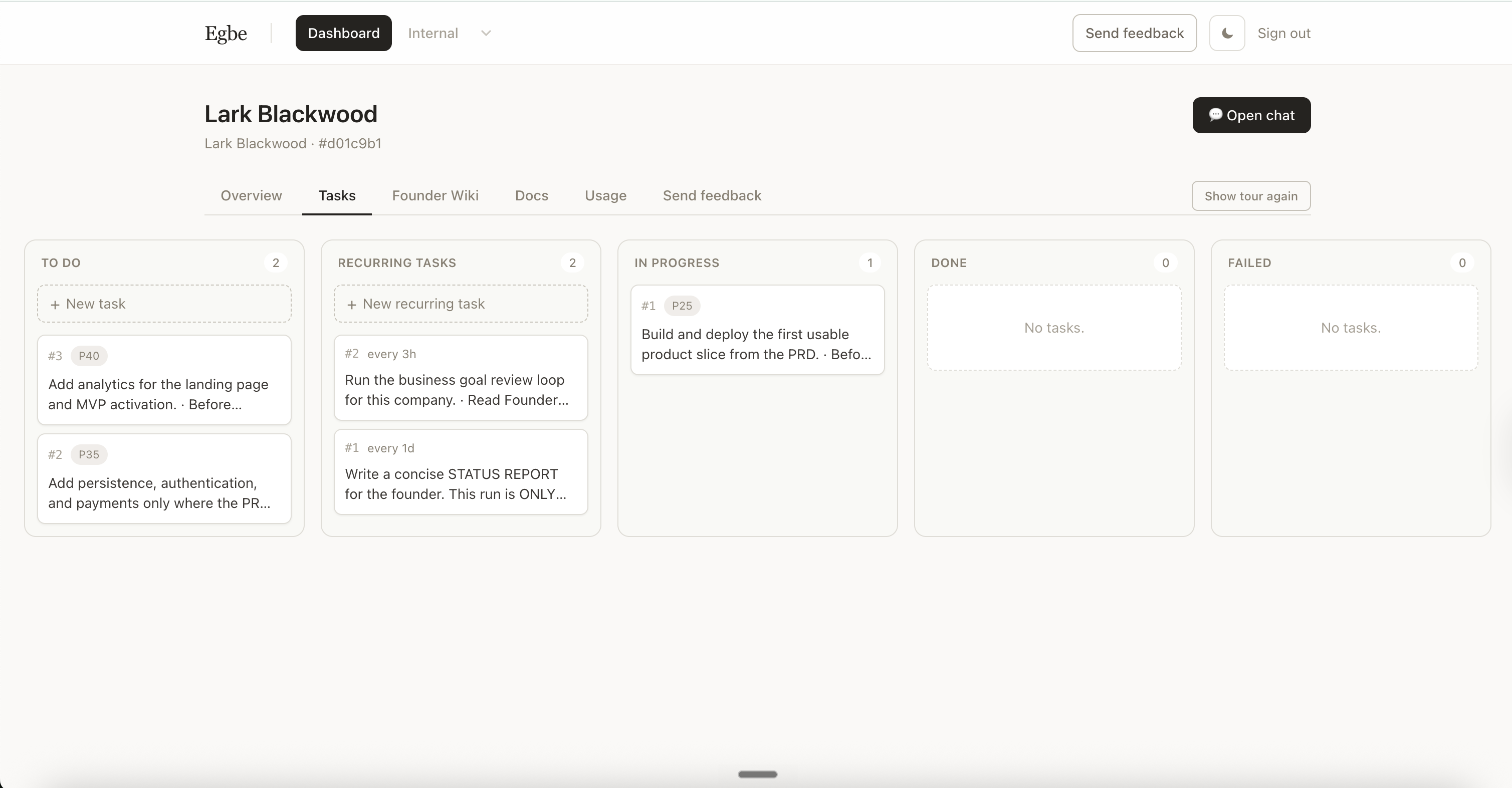 Egbe dashboard — the AI agent's task board with To do, Recurring, In progress, Done and Failed columns